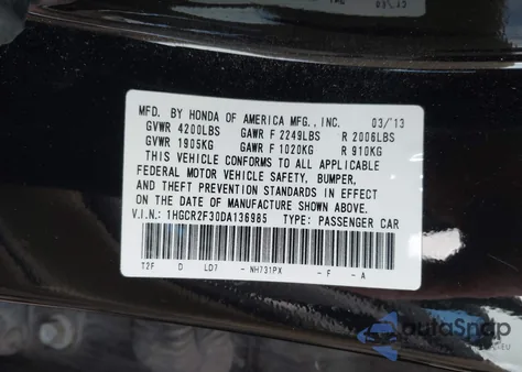 2013 Honda Accord Lx из США, поврежденный, VIN 1HGCR2F30DA136985